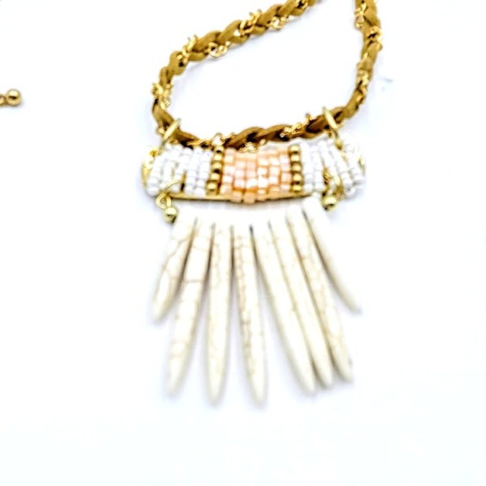 NEW*MAGNESITE NATURAL STONE FAN*BRAIDED LEATHER* NECKLACE*BOHEMIAN*HAND CRAFTED